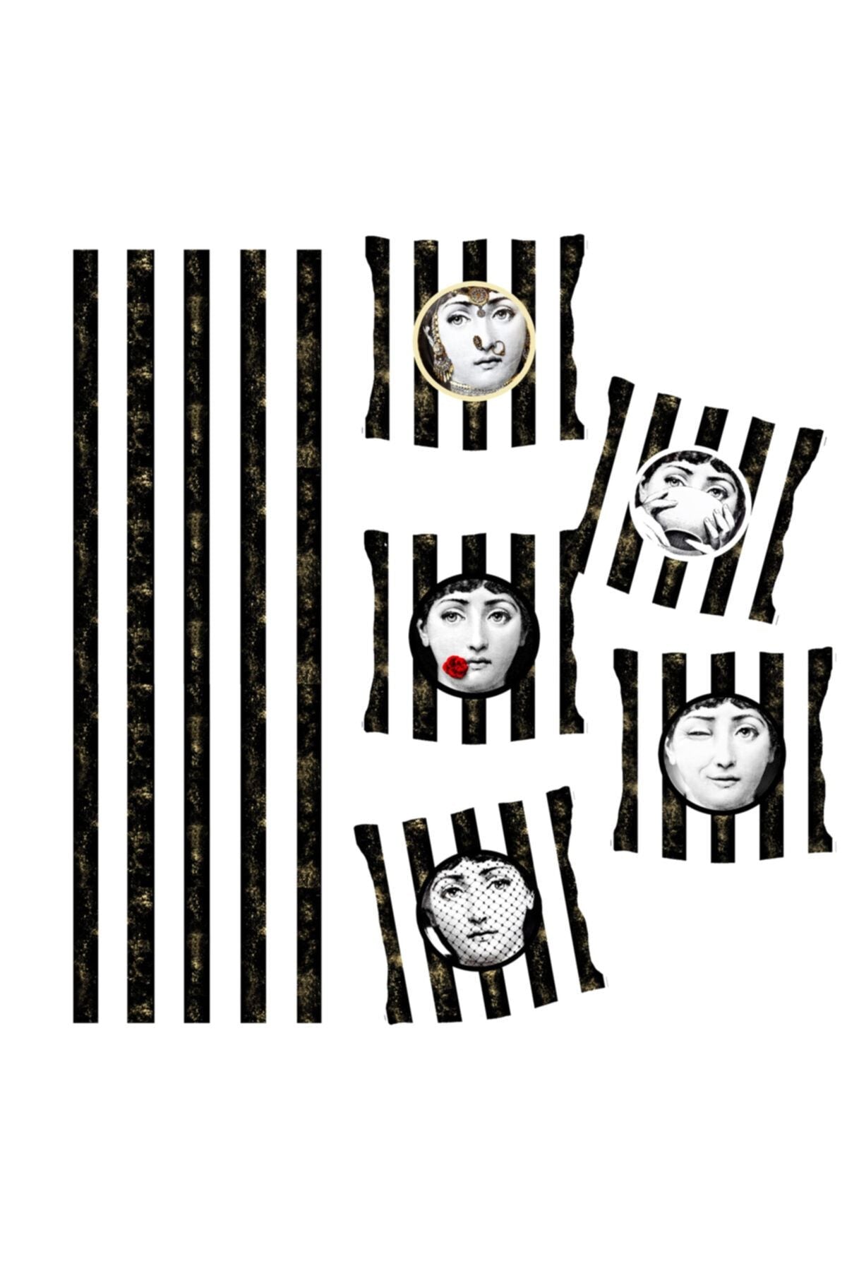 Fornasetti Çizgili Model Çift Taraf Baskılı 4lü Kırlent Kılıfı Ve Runner Seti No:311