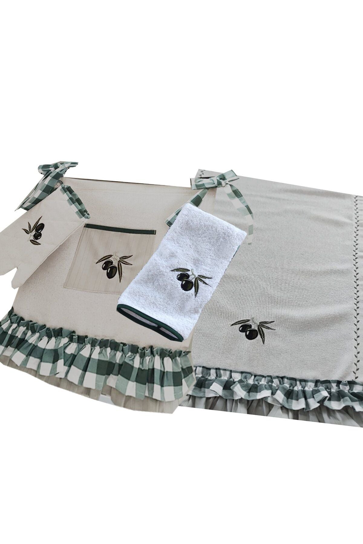 Olive Embroidered, Ruffled, Buldan Linen Set of 4 (Oven Cover, Runner, Glove, Towel)