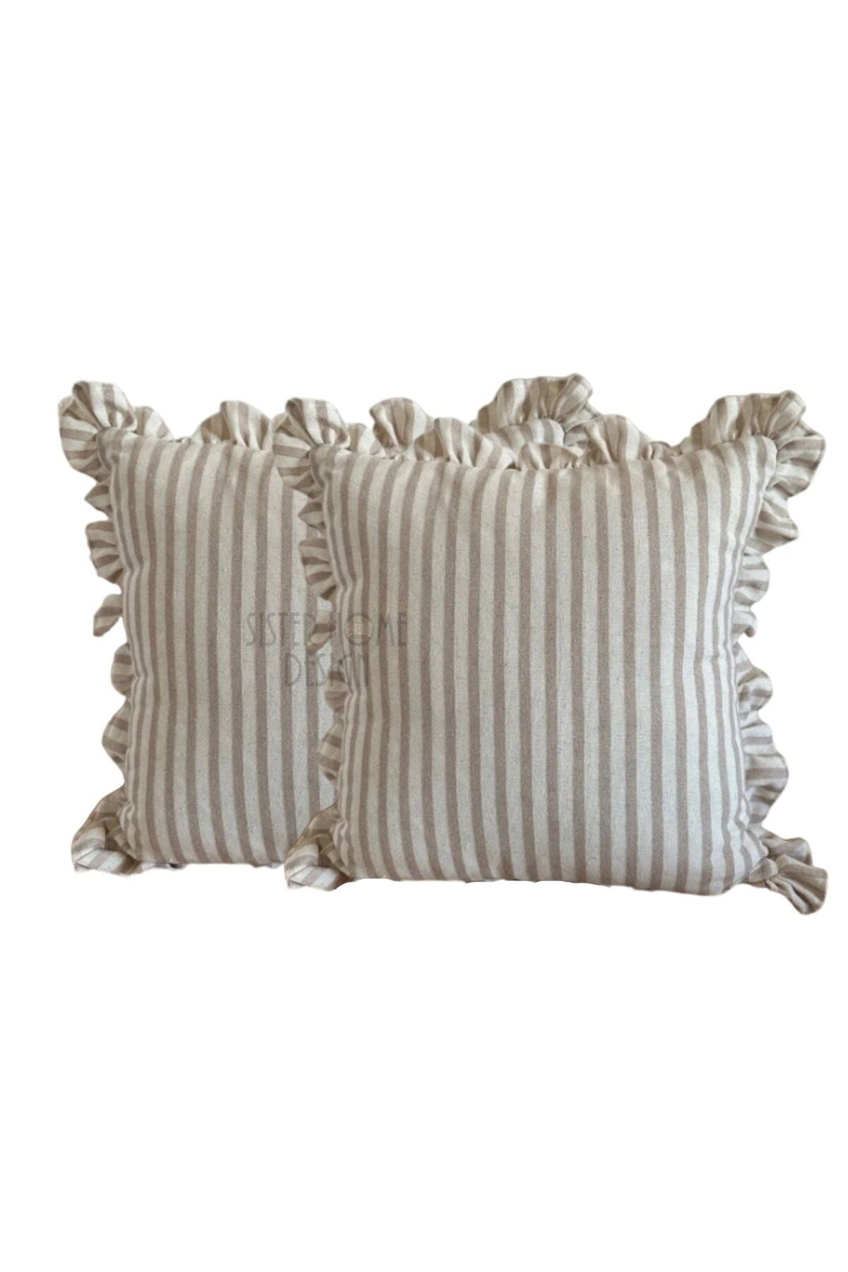 2'li Fırfırlı Çizgili Keten Kırlent Kılıfı, Sütlü Kahve Çizgili