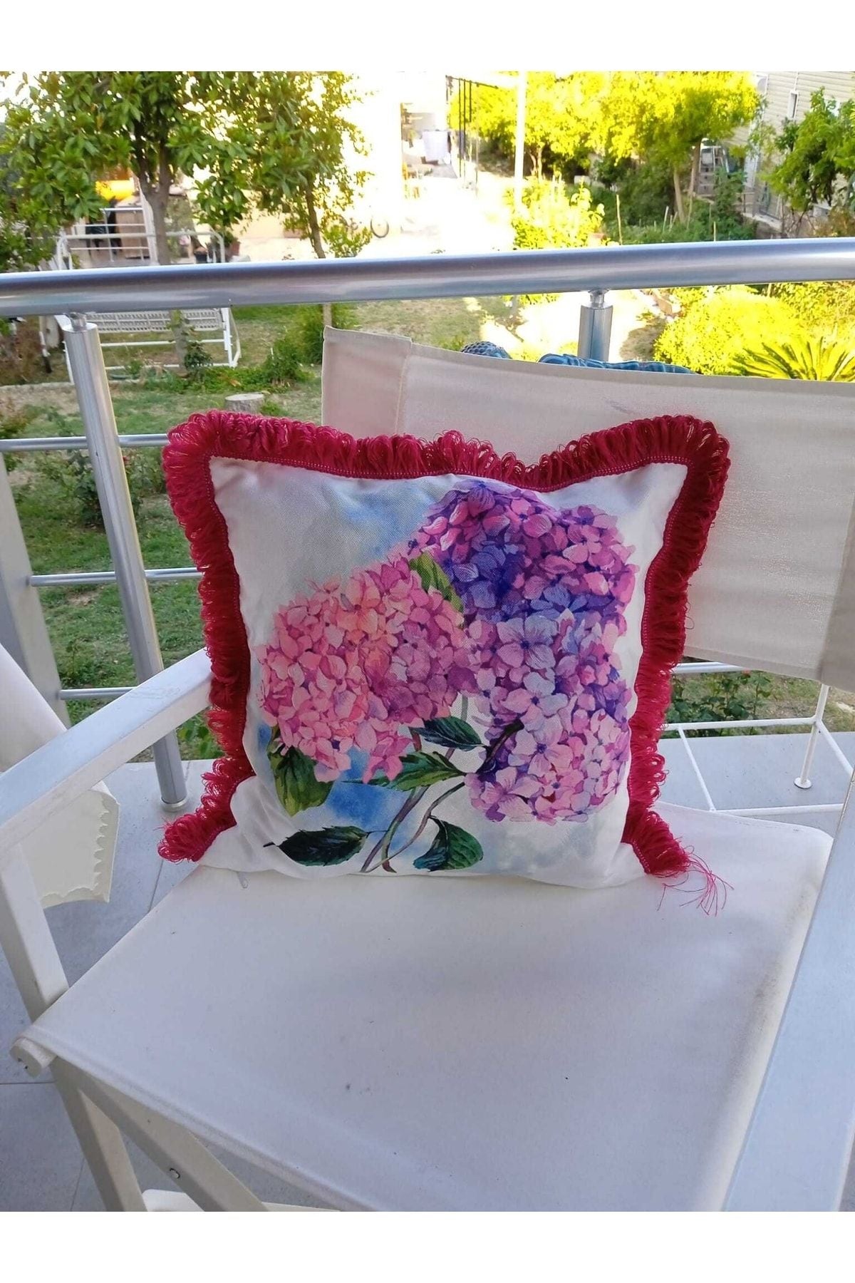 Ortanca Pembe Püskül Kırlent & Kırlent Kılıfı Doğa Seti