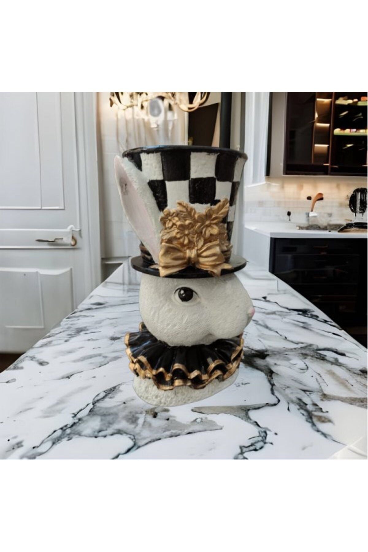 Black and White Checkerboard Easter Bunny Flower Pot