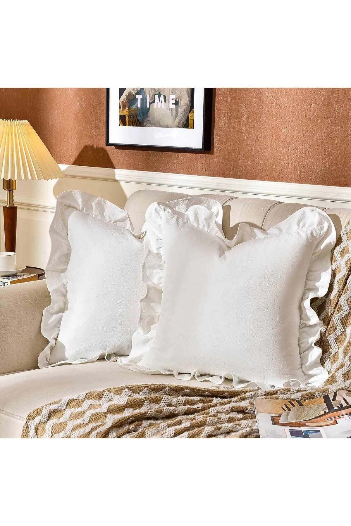 Fırfırlı Beyaz 2'li Kırlent Kılıfı Kadifemsi, Leke Tutmaz, Boho, Çiftlik Evi, Etnik, Retro, Şık