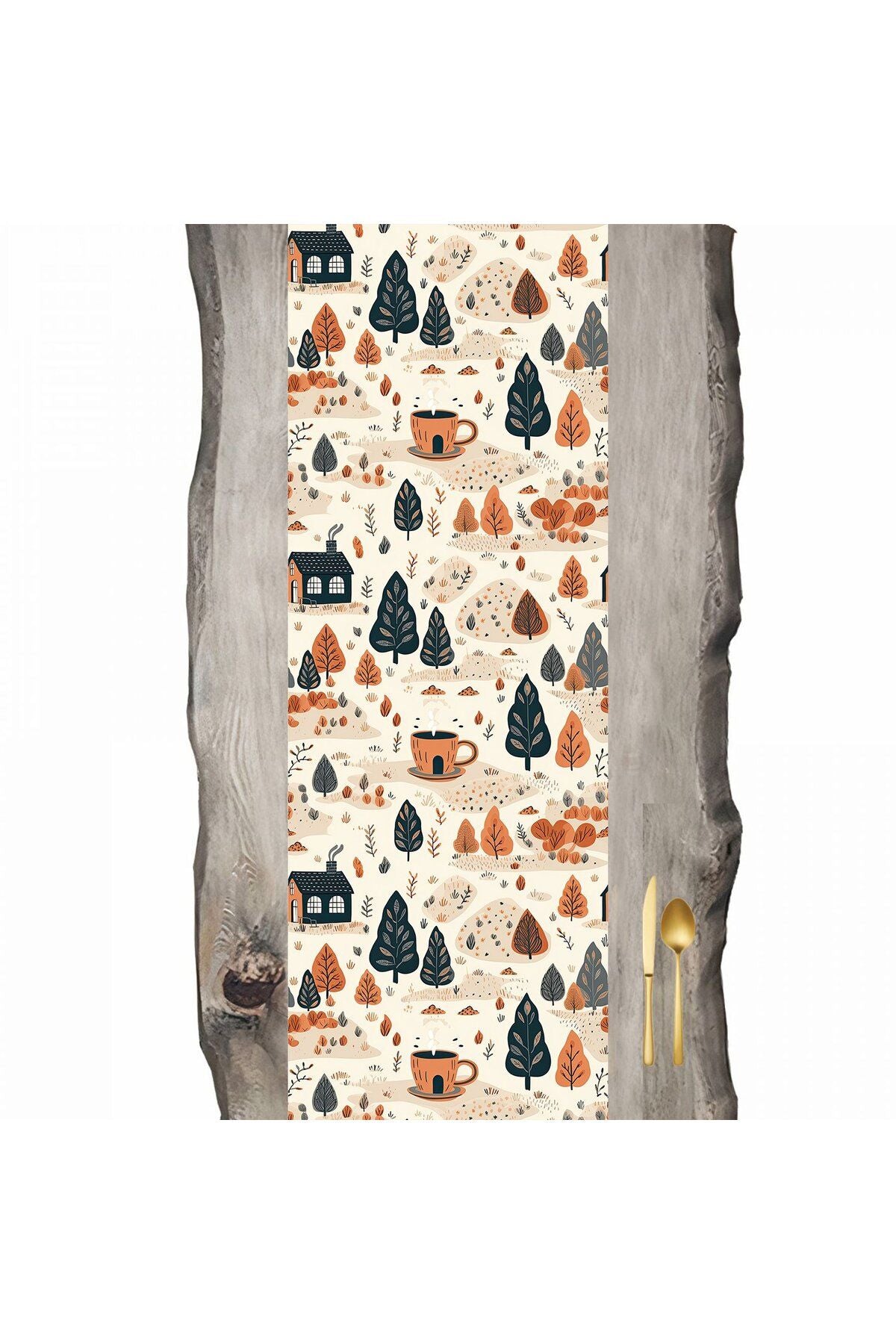 Autumn Series Cream Base Trees and Houses Runner - 45 x 140 cm