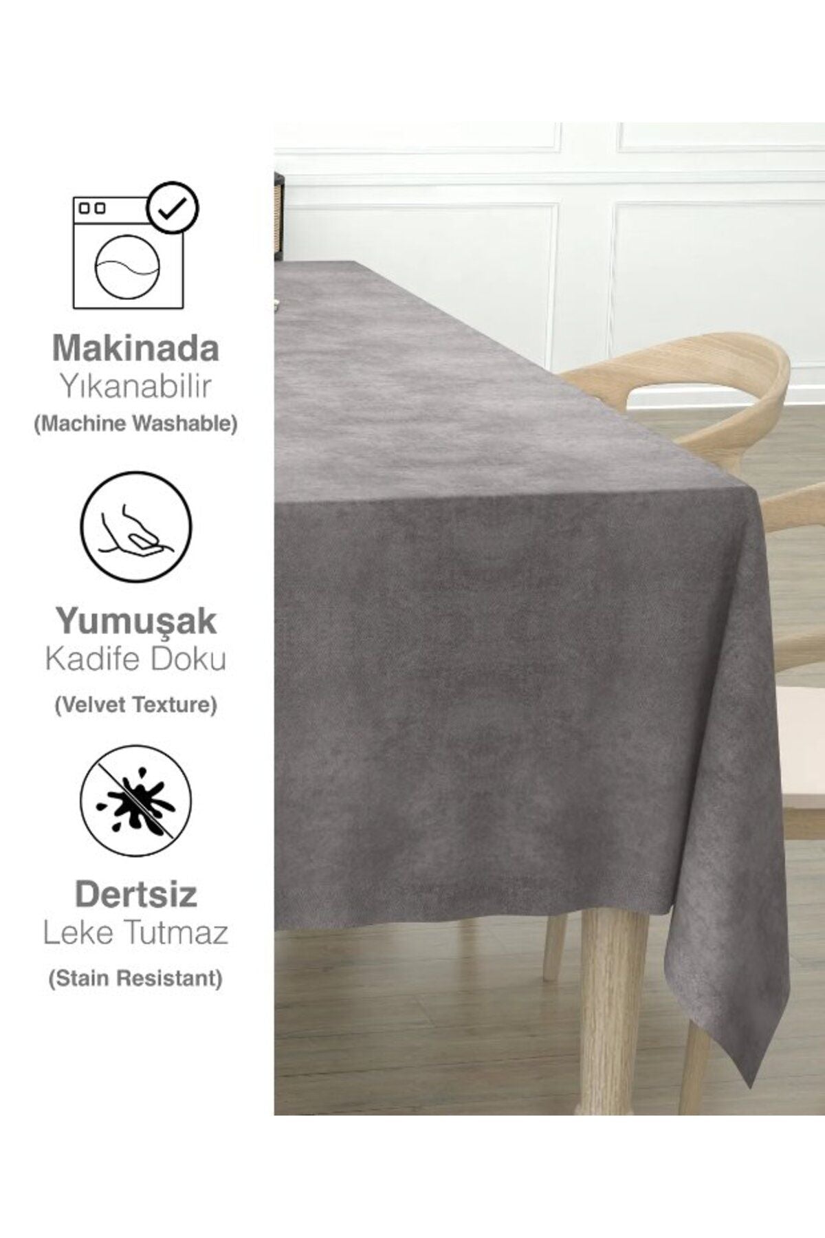 Açık Taş Rengi Dikdörtgen, Kadife Dokulu, Dertsiz, Masa Örtüsü