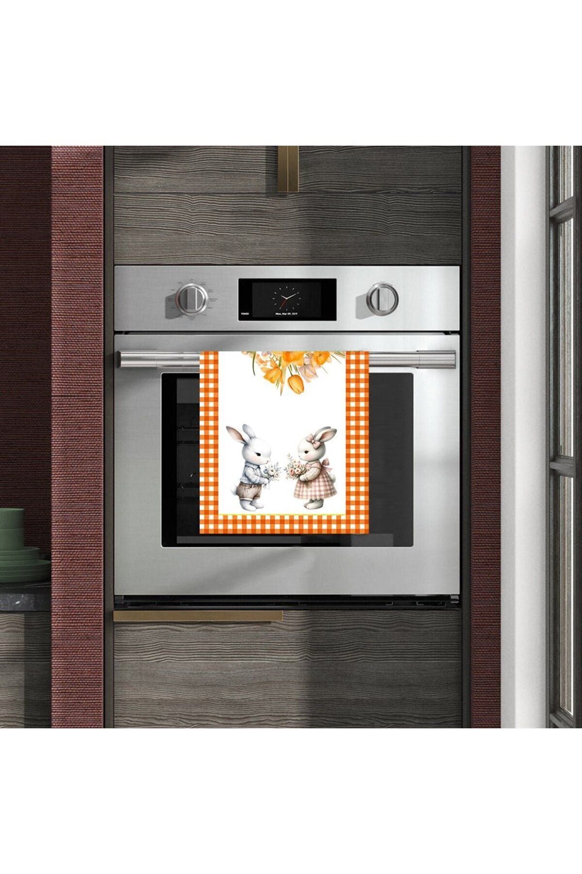 Orange Gingham Rabbit Patterned Oven Cover