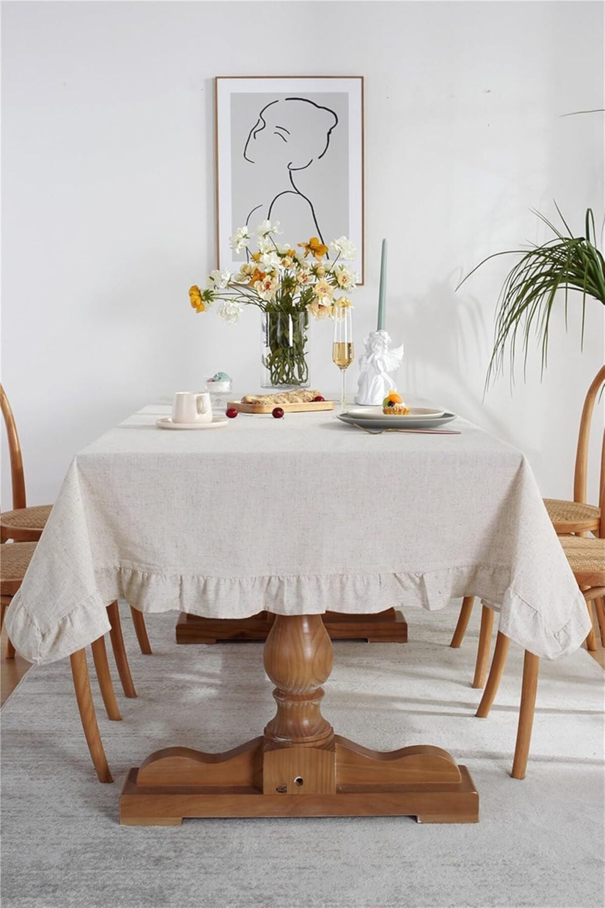 Vintage Keten Fırfırlı Masa Örtüsü Dayanıklı Pamuk Keten - 16 en boy seçenekli