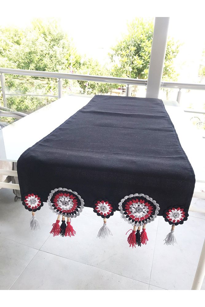 Hand Knitted Runner, Knitted Runner, Crochet Runner - Ranir, M15, Black Red Gray White