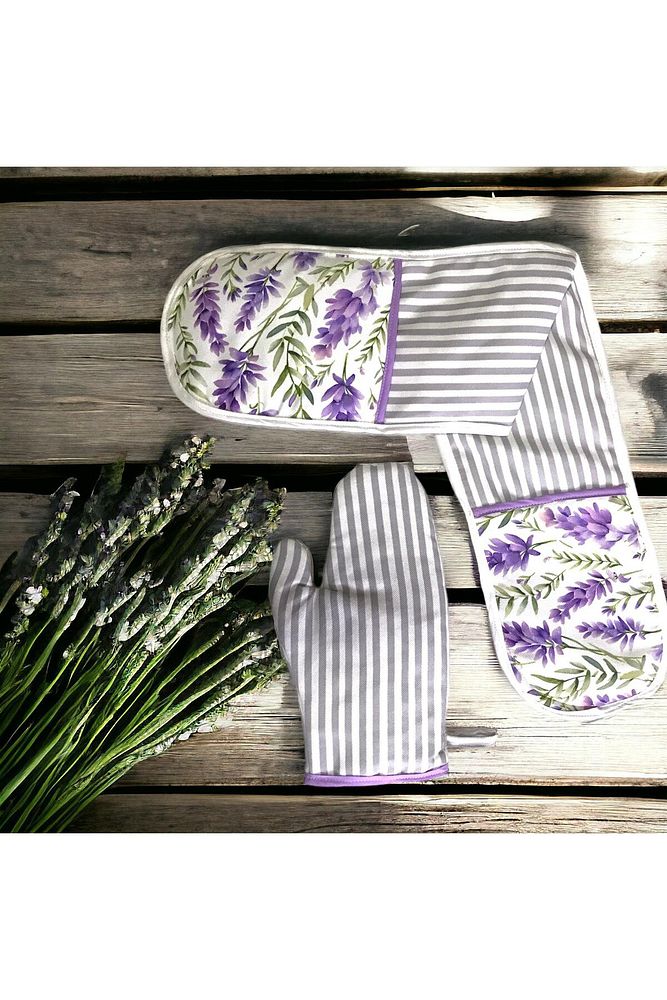 Lavender Pattern 4 Piece Kitchen Set; Kitchen Apron, Oven Glove, Hand Towel and Pot Holder Set