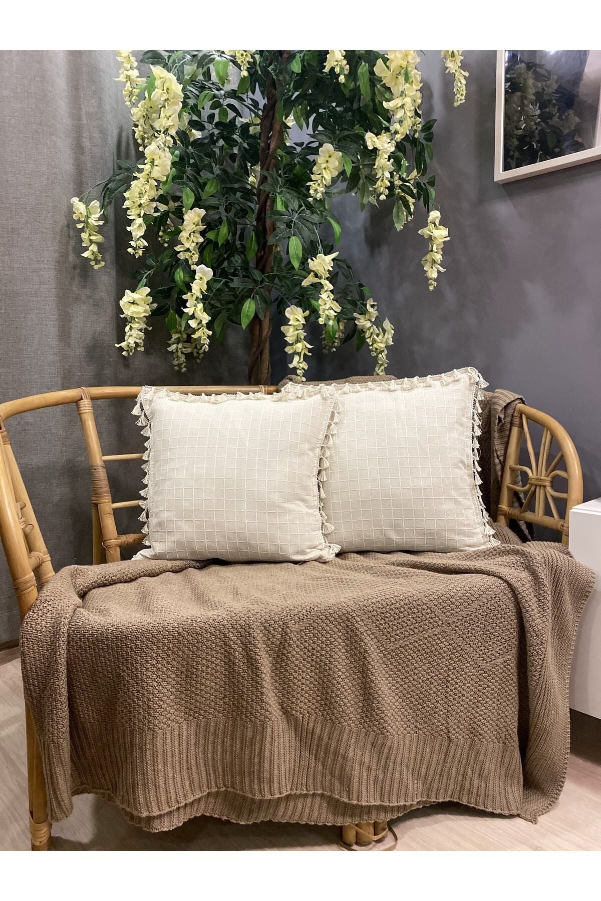 Set of 2 Natural 100% Organic Cotton Tassel Square Cushion Covers