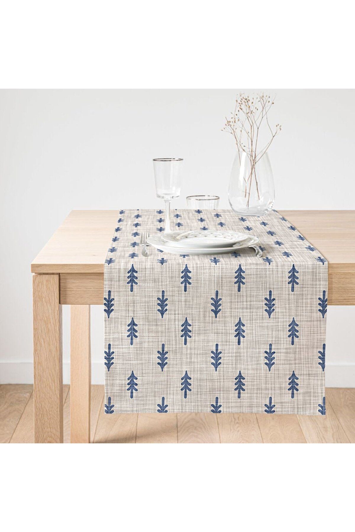 Pine Tree Motif Runner on Denim Background