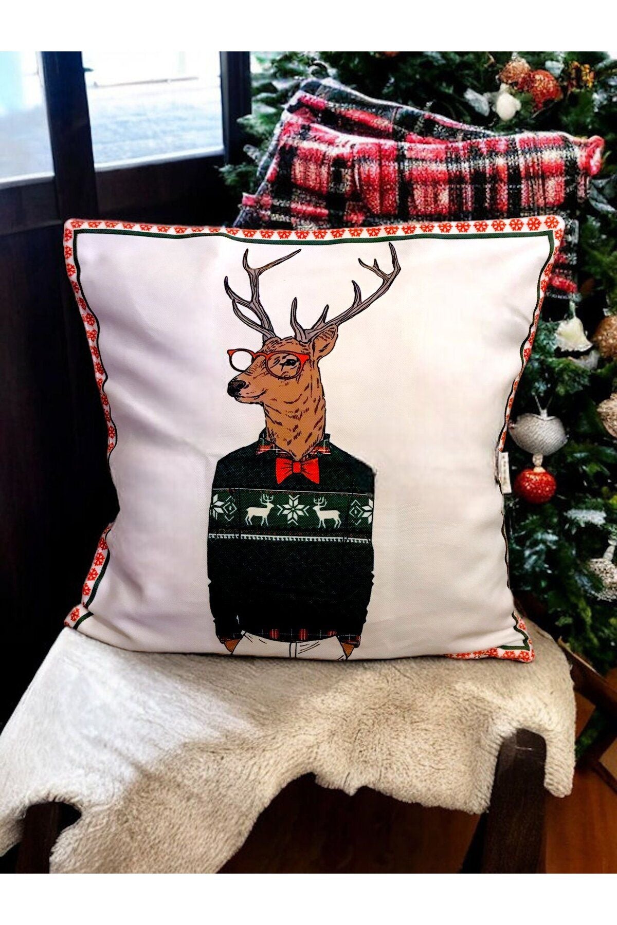 Yılbaşı, Christmas, Kış, Winter Geyik Serisi No:3 Kırlent - Kırlent Kılıfı