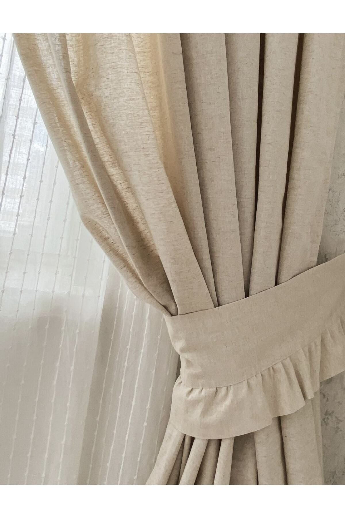 Buldan Linen Natural Bohemian Style Beige Color Backdrop Curtain Single Wing Pleated, Tie Included