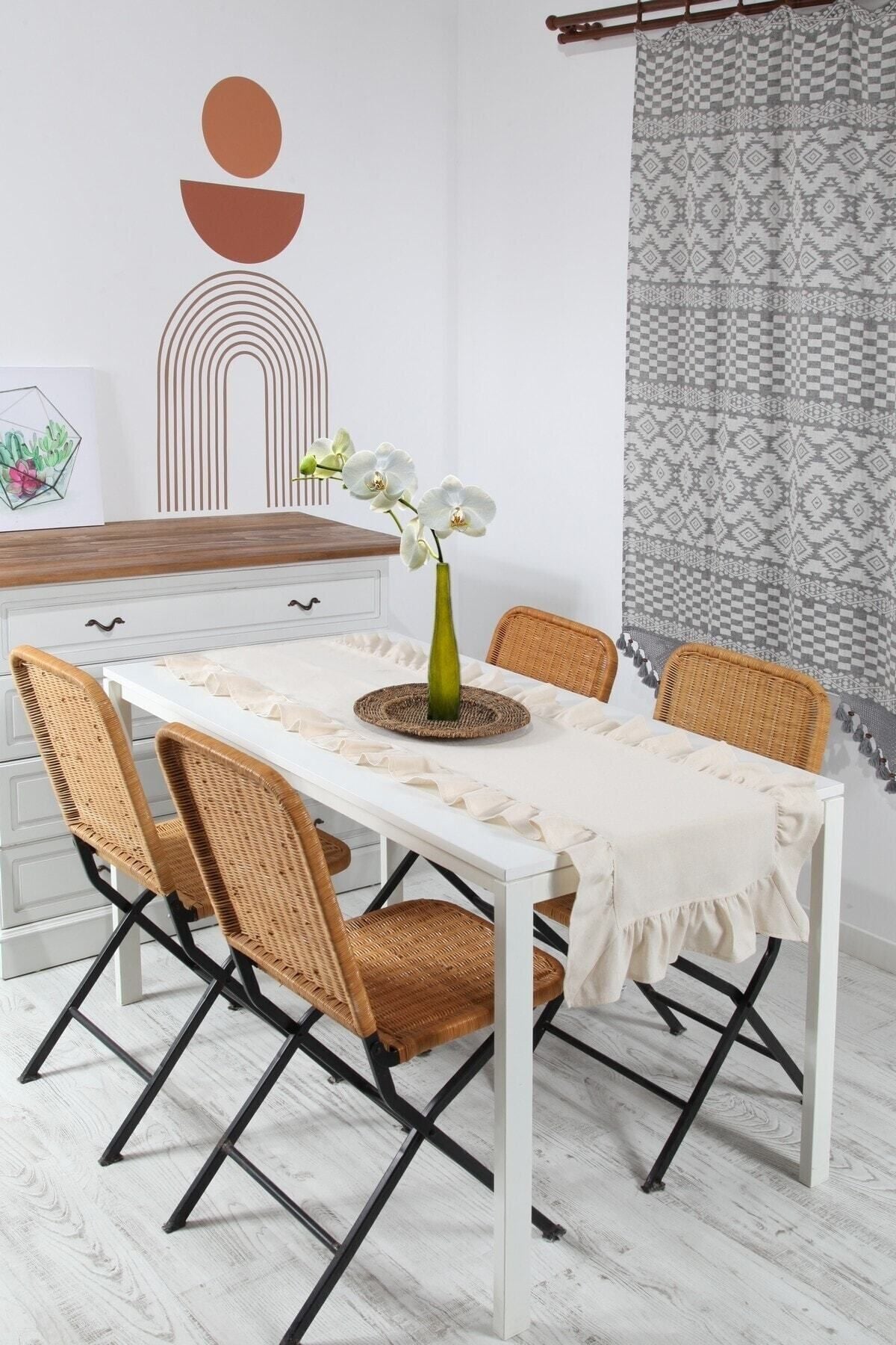 Vintage Natural Ruffle Linen Runner