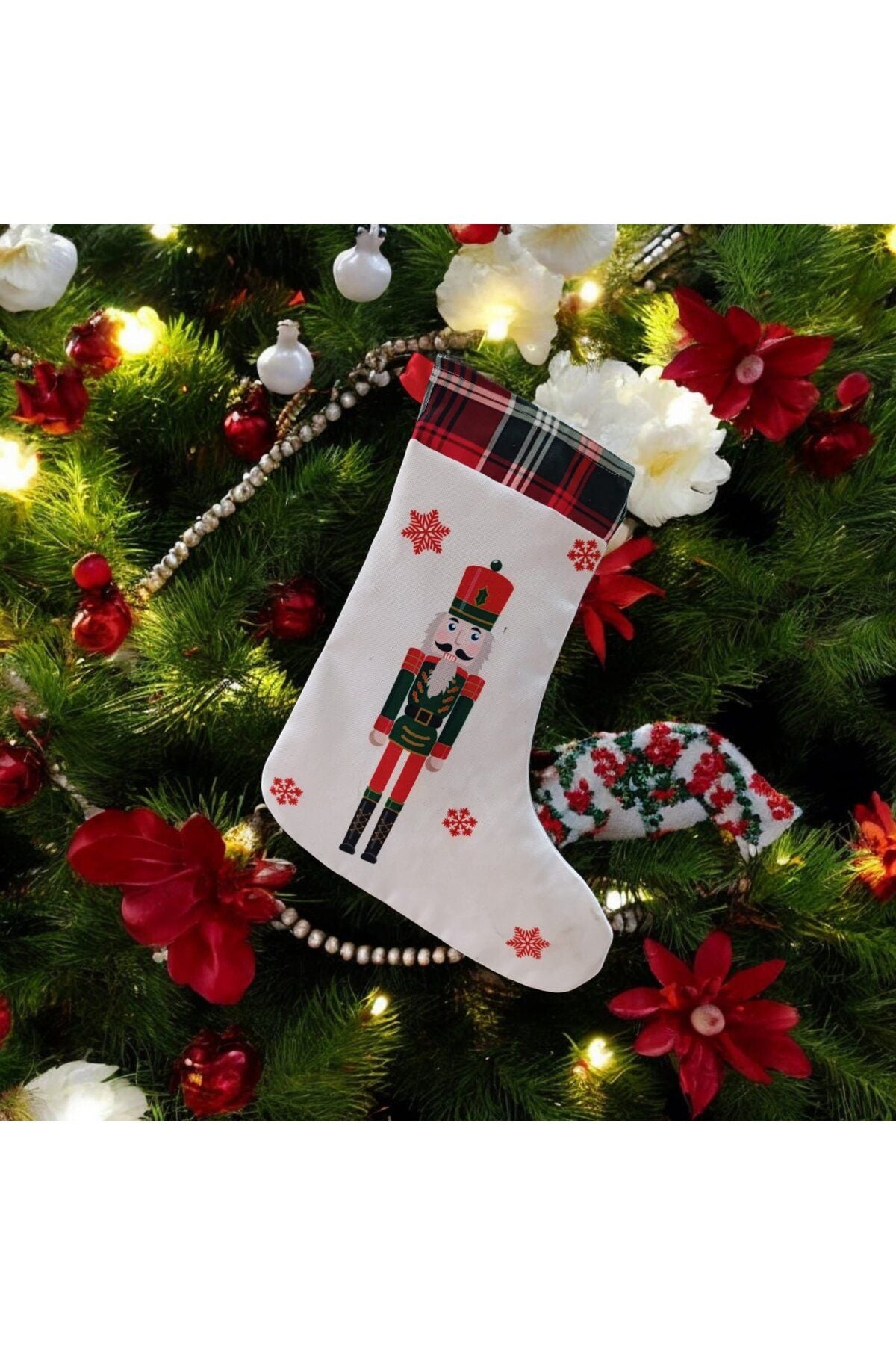 40 cm Yılbaşı & Christmas Desenli Dekoratif Hediye Kesesi, Noel Çorabı, Yılbaşı Süsü, Şömine Süsü,