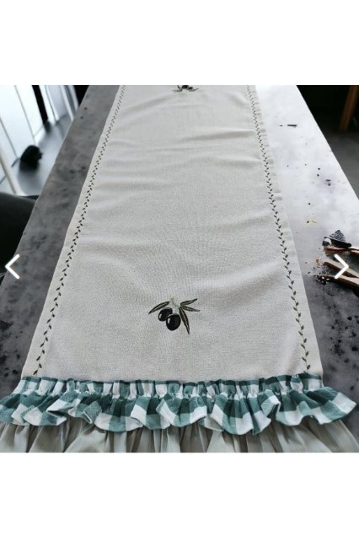 Olive Embroidered, Ruffled, Buldan Linen Set of 4 (Oven Cover, Runner, Glove, Towel)