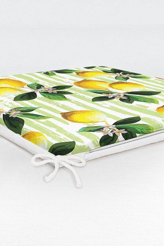 Lemon Pattern Zippered Chair Cushion with Green Stripes