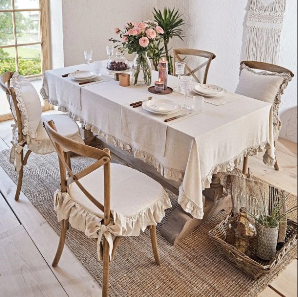 4 Pieces Scandinavian Style Natural Buldan Linen Ruffled Laced Chair Cushion