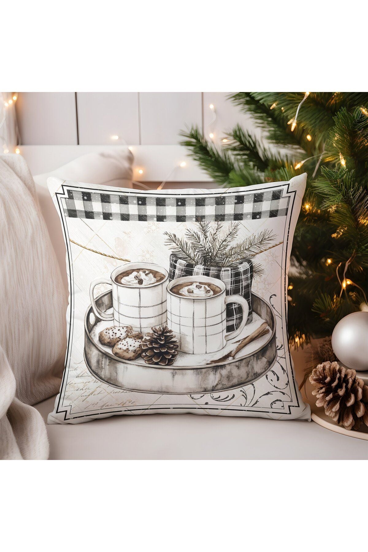 Yılbaşı, Christmas, Kış, Winter Serisi Ekoseli Kırlent - Kırlent Kılıfı