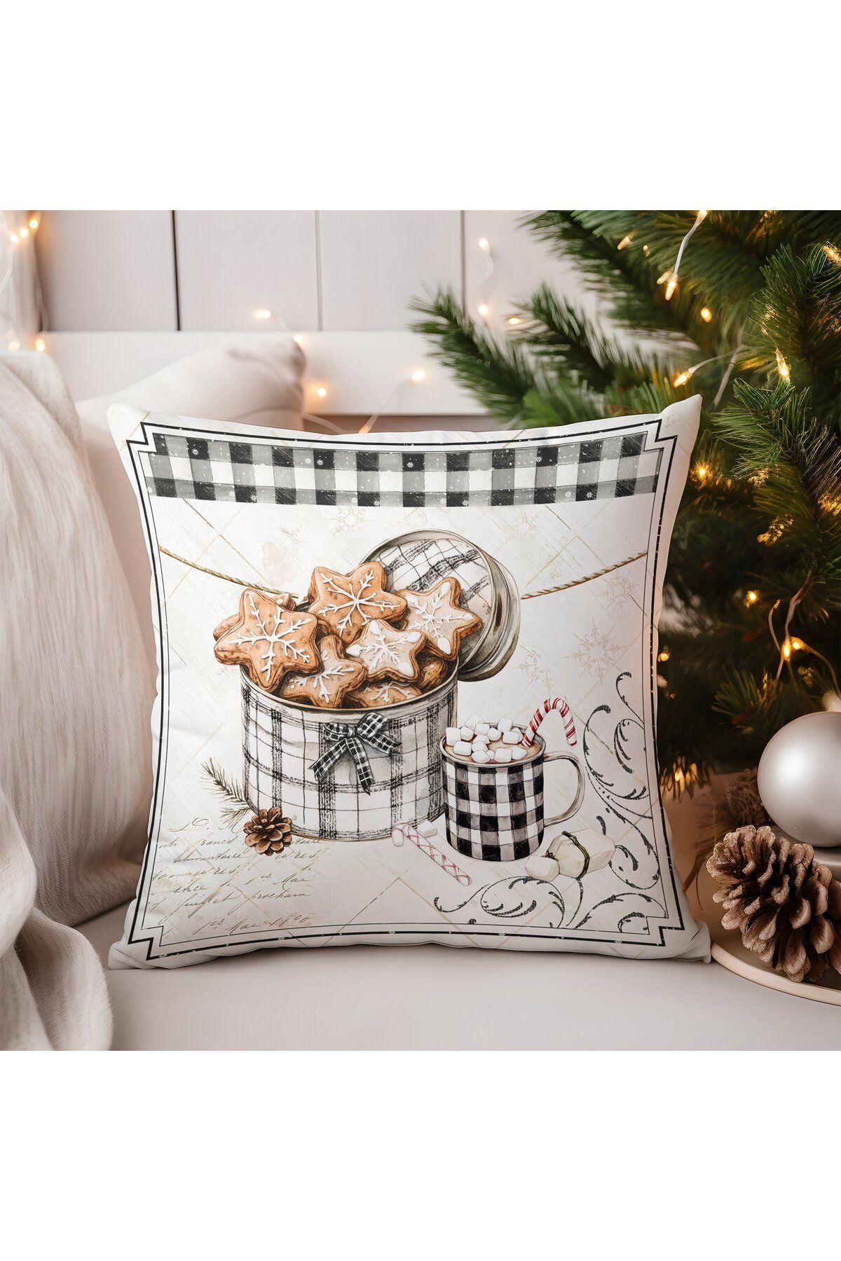 Yılbaşı, Christmas, Kış, Winter Serisi Ekoseli Kırlent - Kırlent Kılıfı