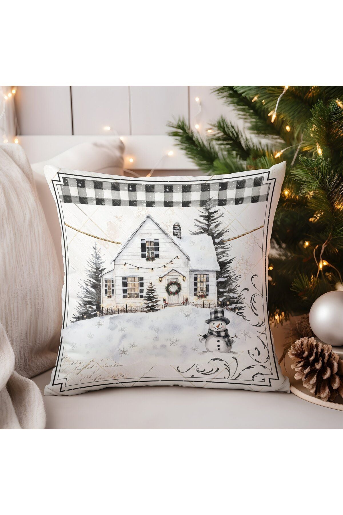 Yılbaşı, Christmas, Kış, Winter Serisi Ekoseli Kırlent - Kırlent Kılıfı