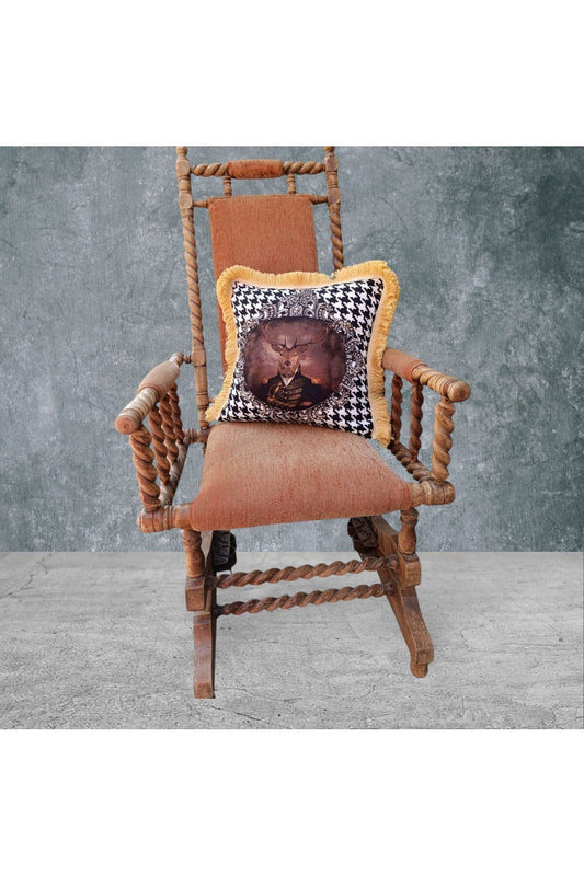 Geyik Çift Taraflı Dekoratif Püsküllü - Saçaklı Kırlent Kılıfı 1 Adet 43x43cm