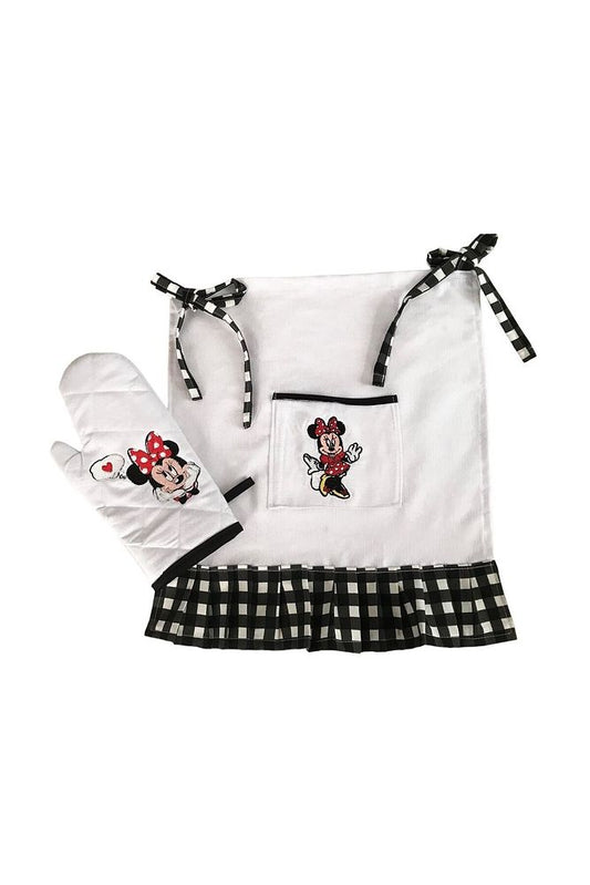 Minnie Mouse Embroidered, Pleated, Buldan Linen Oven Apron (COVER) and Gloves
