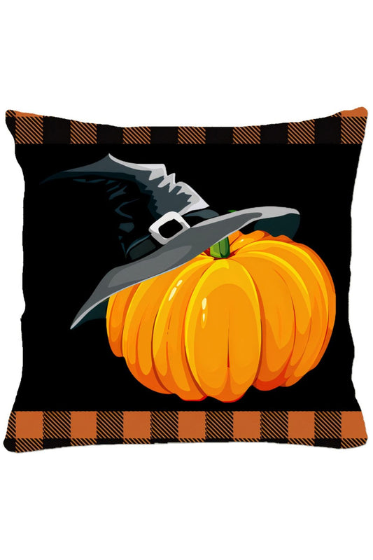 Halloween Şapkalı Balkabağı Ekose Zemin Kırlent Kılıfı