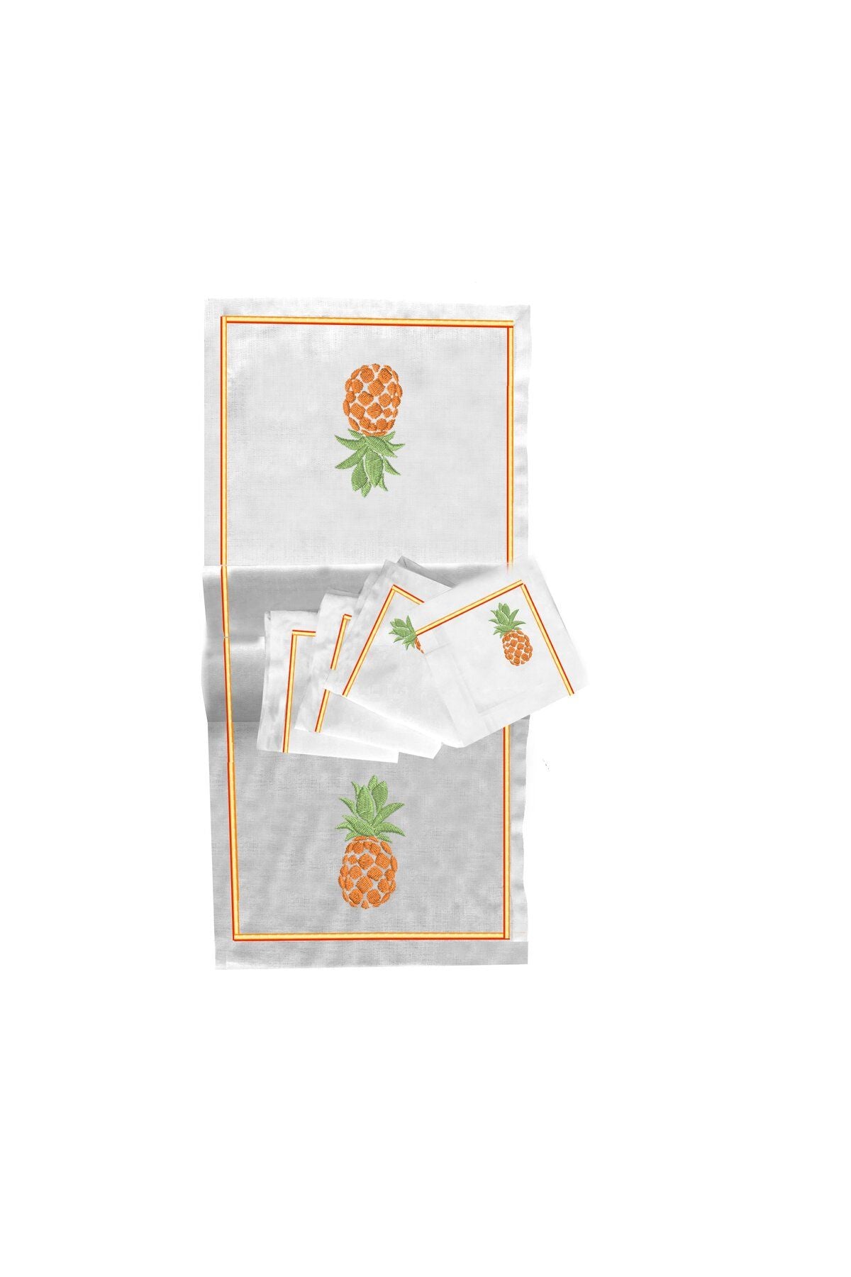 İthal Keten Ananas Nakışlı 4'lü Kumaş Peçete ve runner