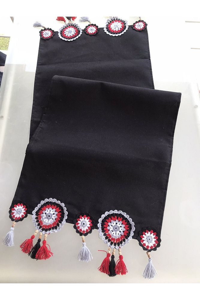 Hand Knitted Runner, Knitted Runner, Crochet Runner - Ranir, M15, Black Red Gray White