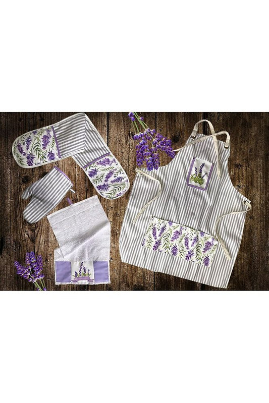 Lavender Pattern 4 Piece Kitchen Set; Kitchen Apron, Oven Glove, Hand Towel and Pot Holder Set