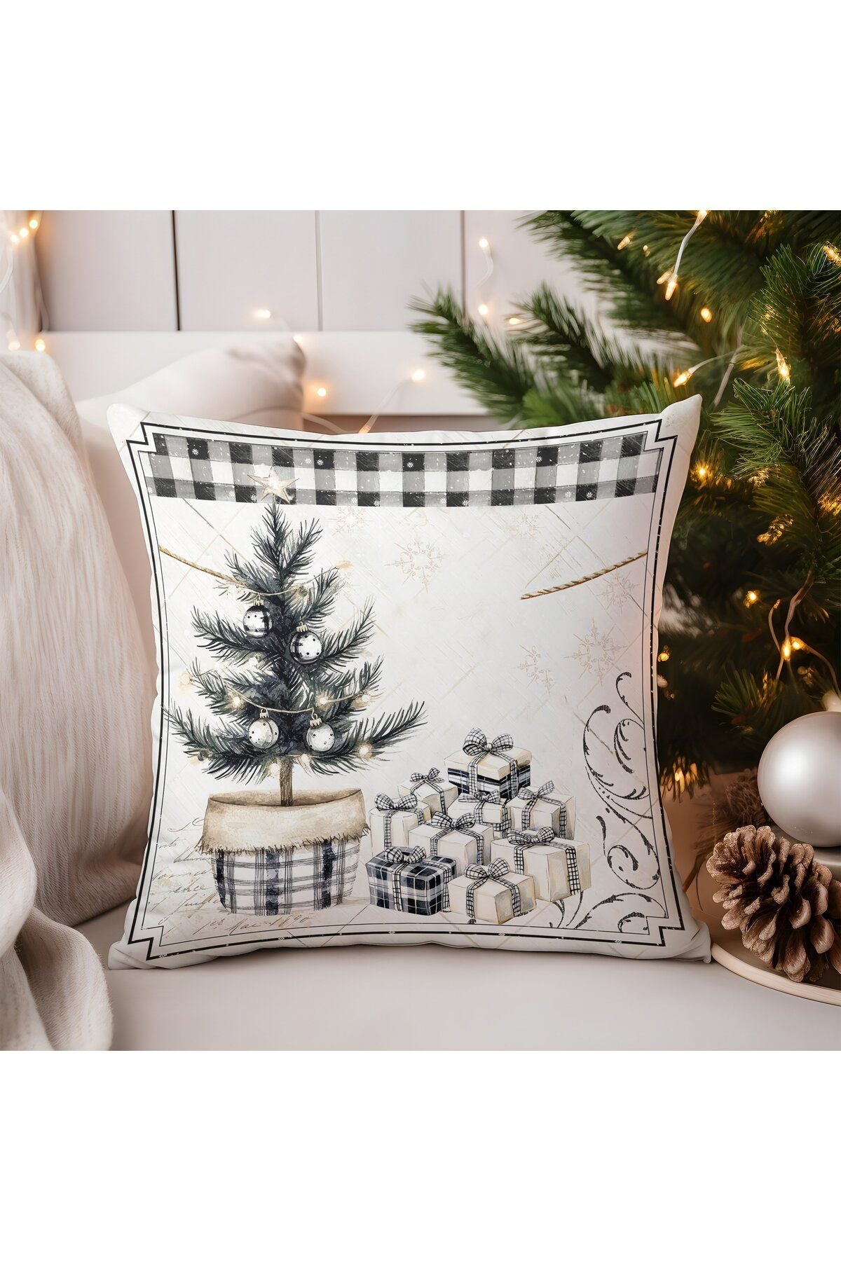 Yılbaşı, Christmas, Kış, Winter Serisi Ekoseli Kırlent - Kırlent Kılıfı