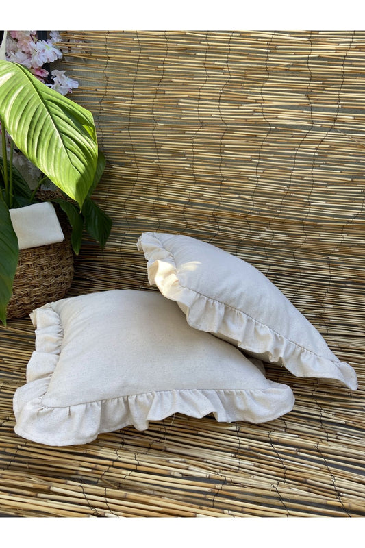 Keten, Bohem, Fırfırlı, Vintage, 2'li Kare Kırlent Kılıfı