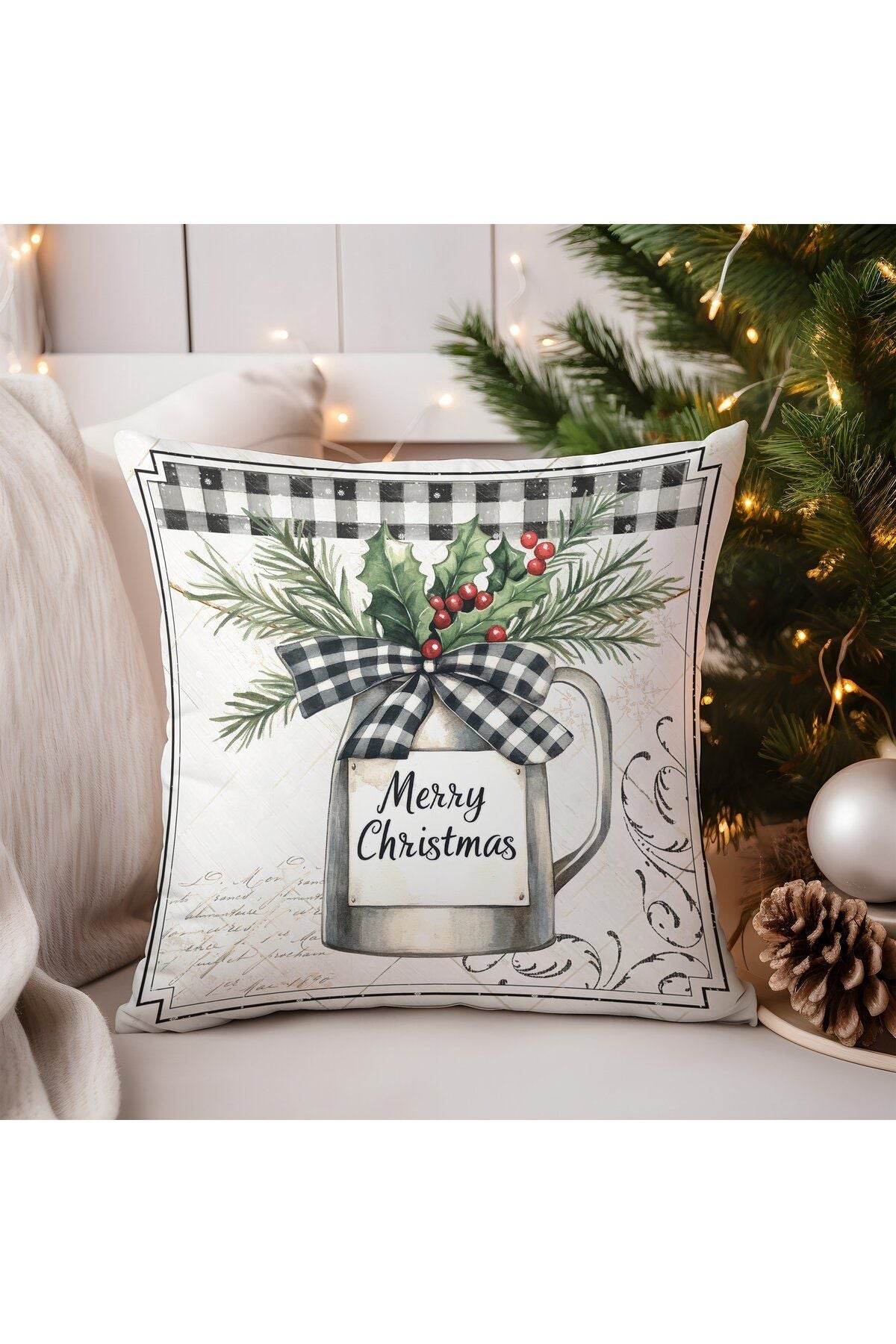 Yılbaşı, Christmas, Kış, Winter Serisi Ekoseli Kırlent - Kırlent Kılıfı