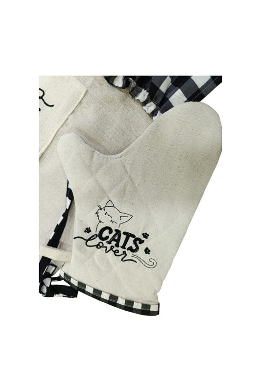 Cat Lover Embroidered, Ruffled, Buldan Linen Oven Apron (COVER) and Gloves