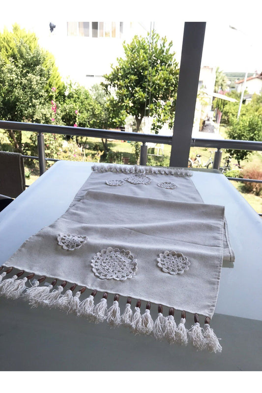 Naturel Keten El Örgüsü, Tığ İşi, Runner - Ranir, Model 1