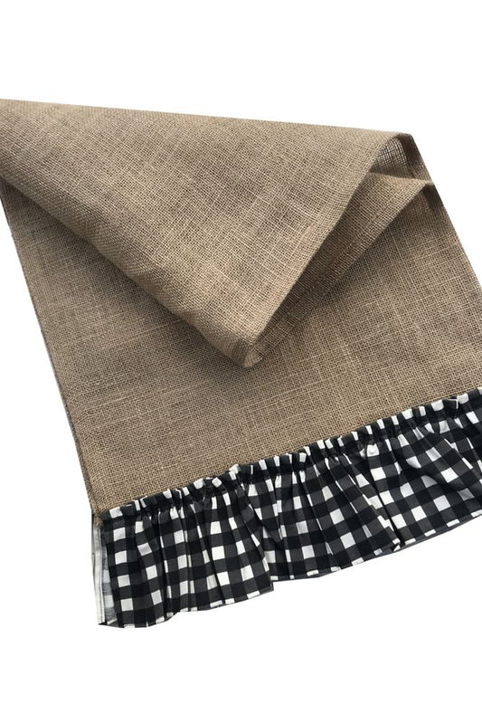 Plaid Black White Ruffle Jute Runner