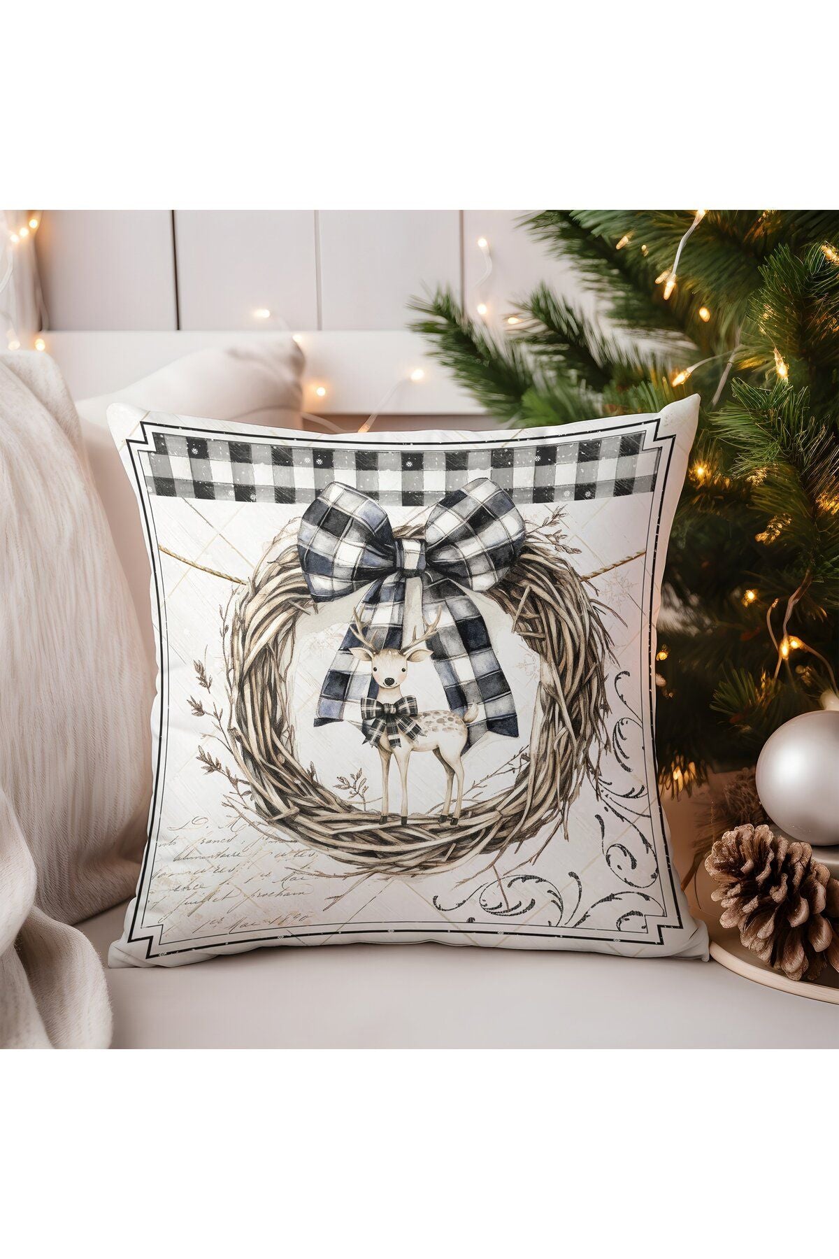 Yılbaşı, Christmas, Kış, Winter Serisi Ekoseli Kırlent - Kırlent Kılıfı