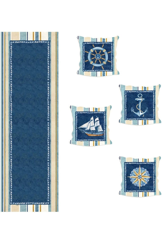 Marin Deniz Desen Model : 7 4lü Kırlent Kılıfı Ve Runner Seti No:302