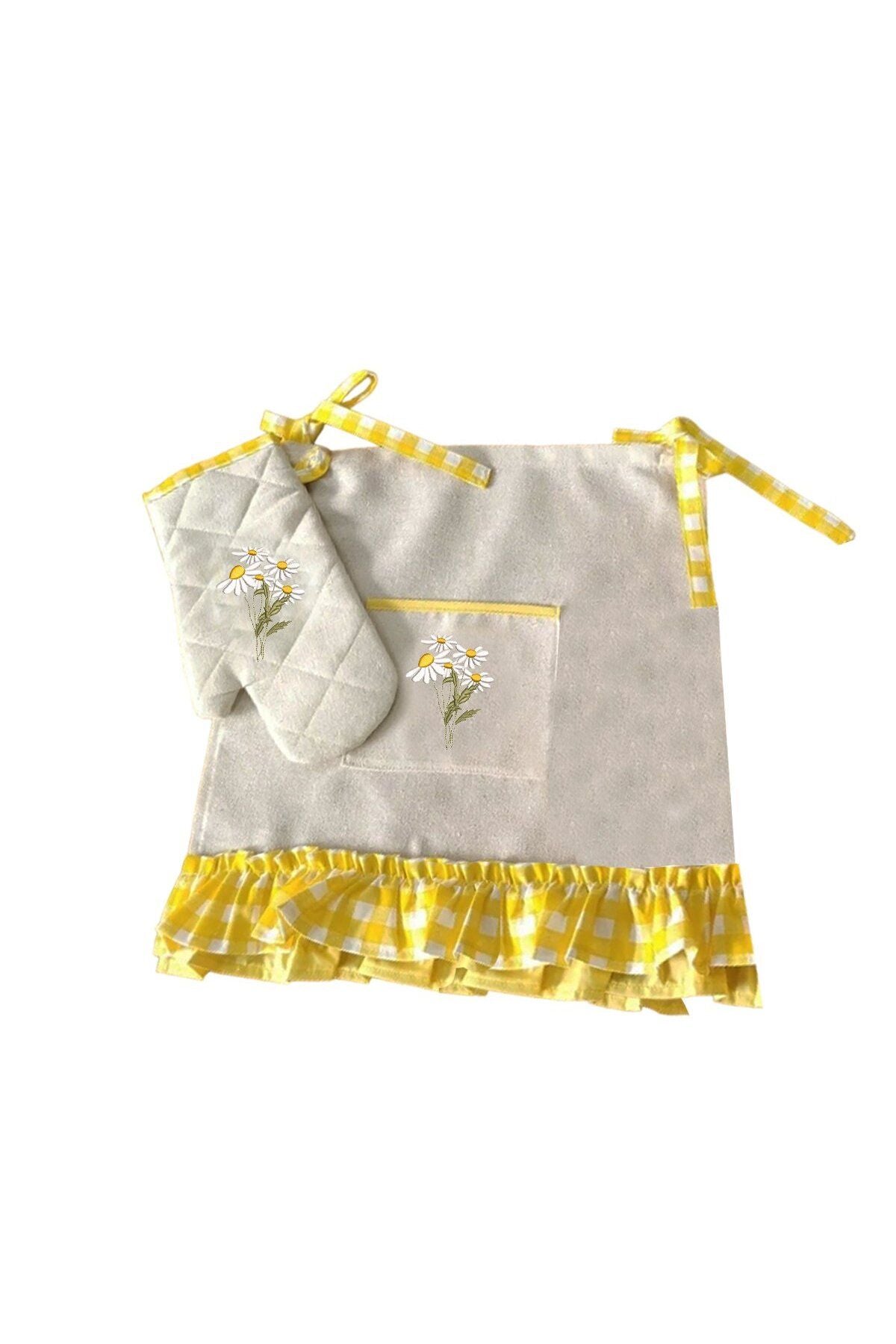 Yellow Gingham Daisy Embroidered, Ruffled, Buldan Linen Oven Apron (Cover) and Gloves