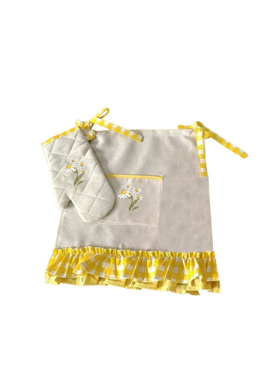 Yellow Gingham Daisy Embroidered, Ruffled, Buldan Linen Oven Apron (Cover) and Gloves