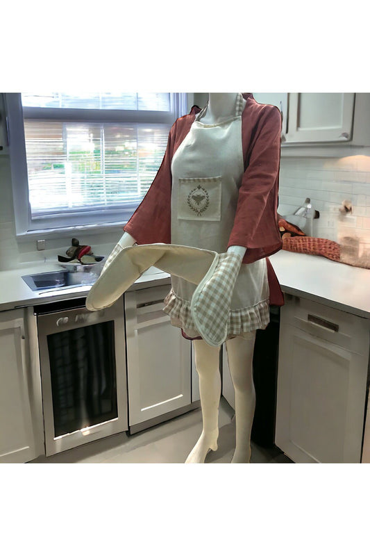 Bee Model Embroidered, Ruffled, Buldan Linen Kitchen Apron