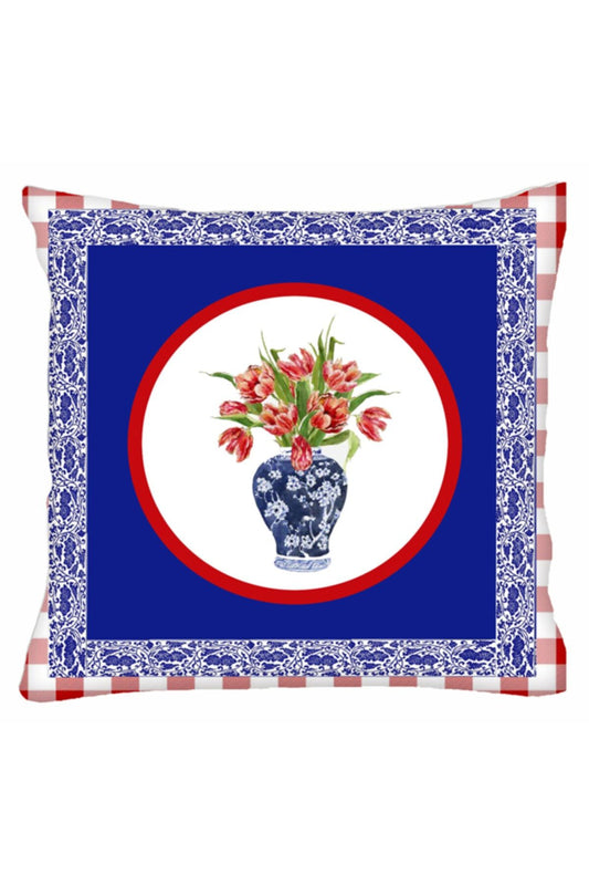 Kırmızı Pötikare Çerçeveli Bleu Blanc Kırmızı Çiçekler Yastık & Kırlent & Kırlent Kılıfı No: 3