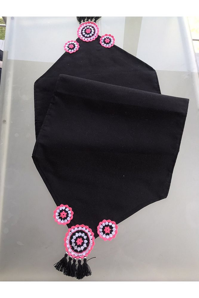 Handmade Runner, Knitted Runner, Crochet Runner - Ranir, M16, Neon Pink Black White
