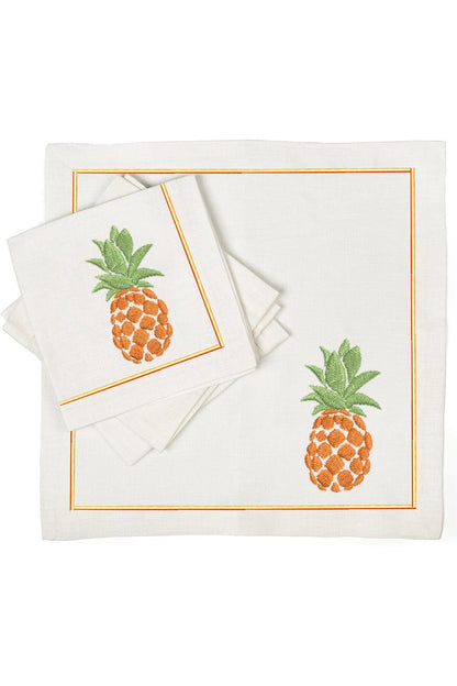 İthal Keten Ananas Nakışlı 4'lü Kumaş Peçete ve runner