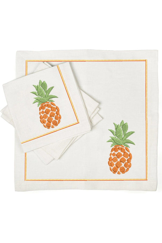 İthal Keten Ananas Nakışlı 4'lü Kumaş Peçete ve runner