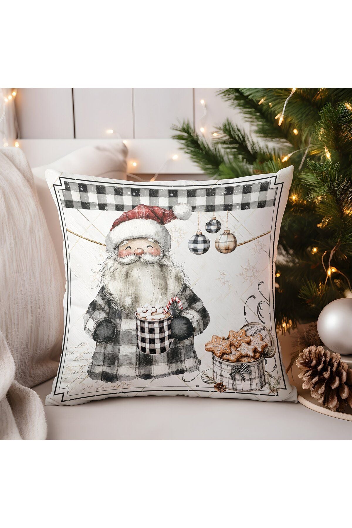 Yılbaşı, Christmas, Kış, Winter Serisi Ekoseli Kırlent - Kırlent Kılıfı
