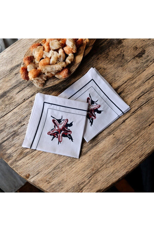 Starfish Embroidered Linen Cloth Napkin 2 Pieces - Decorative Serving Napkin