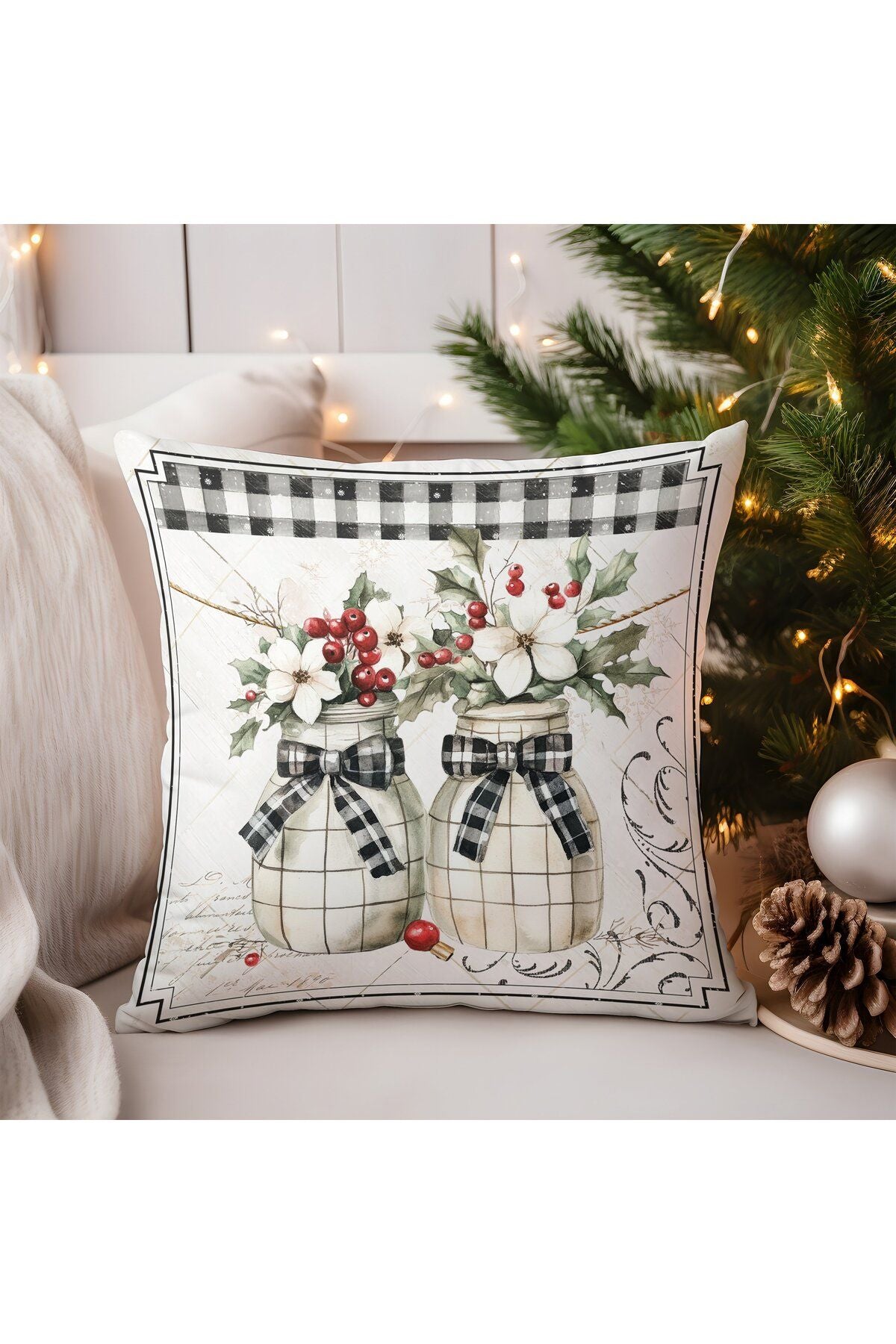 Yılbaşı, Christmas, Kış, Winter Serisi Ekoseli Kırlent - Kırlent Kılıfı