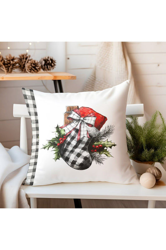 Yılbaşı, Christmas, Kış, Winter Serisi Siyah Beyaz Ekoseli Kırlent - Kırlent Kılıfı