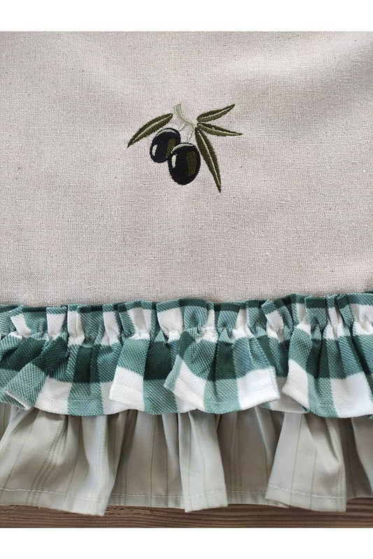 Olive Embroidered, Ruffled, Buldan Linen Runner &amp; Ranır